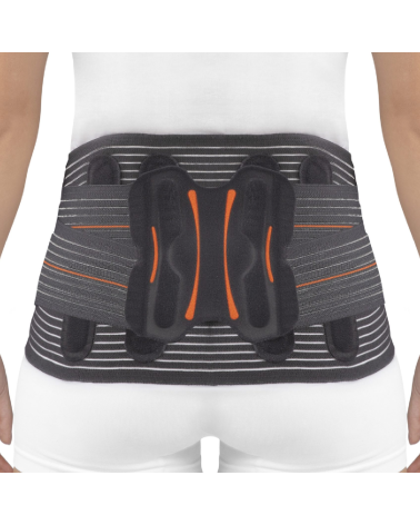 La Faja Sacrolumbar Lumbitron Elite Duo Corta ofrece una fuerte sujeción sacrolumbar.