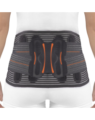 La Faja Sacrolumbar Lumbitron Elite Duo Corta ofrece una fuerte sujeción sacrolumbar.