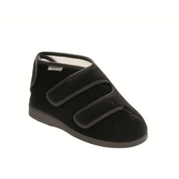 Bota terapéutica de color negro sin costuras internas con abertura extra ancha y velcro.