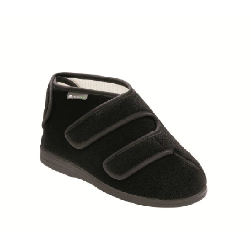 Bota terapéutica de color negro sin costuras internas con abertura extra ancha y velcro.