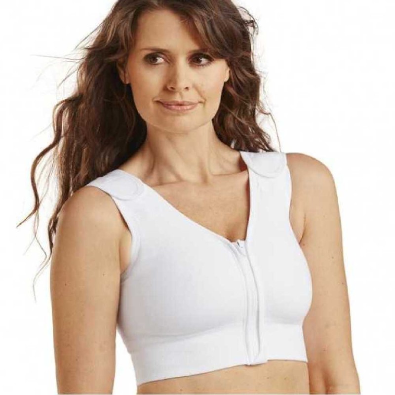 Sujetador/chaleco postoperatorio Sophia de CAREFIX en color blanco, con cremallera frontal y espalda alta.