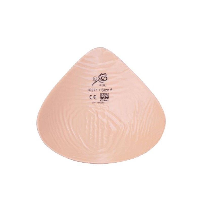 Prótesis de mama de silicona ultra ligera, forma triangular simétrica, indicada para actividad deportiva y alivio cervical.