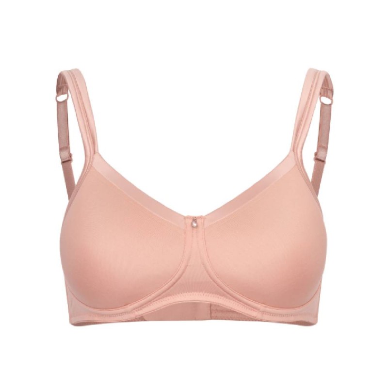 Sujetador para prótesis de mama en color neutro, sin aros, con ribete satinado en el escote y tirantes acolchados.