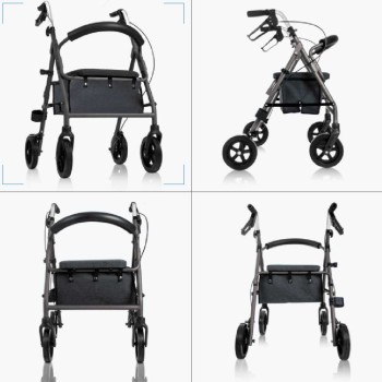 Andador de exterior bariátrico 4200 XL de aluminio en color gris mate con asiento y cesta.