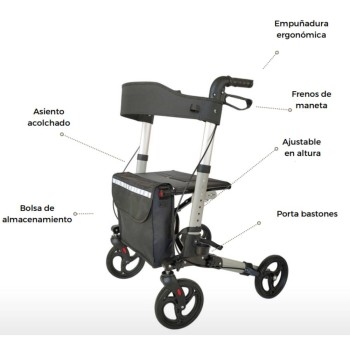Andador Rollator de aluminio IBILI con 4 ruedas, asiento acolchado, bolsa de almacenamiento y frenos de maneta.