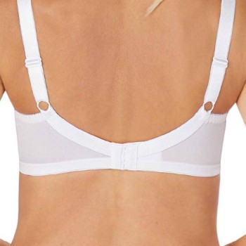 Sujetador sin aros Amoena Nancy con bolsillos para prótesis, encaje floral en el escote y cierre acolchado.