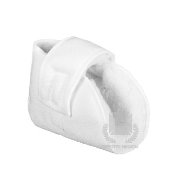 Patuco antiescaras de poliéster blanco con cierre de velcro, para la protección de codos y talones.Para el SEO de imágenes.