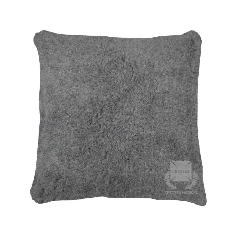 Cojín antiescaras cuadrado gris con relleno de fibra siliconada, ideal para silla de ruedas o sillón.