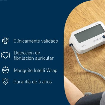 Tensiómetro digital de brazo OMRON M3 Comfort AFib con pantalla y manguito Intelli Wrap.