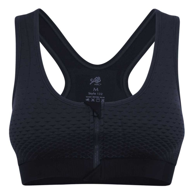 Sujetador deportivo negro para prótesis de mama Active 132 con cierre de cremallera frontal.