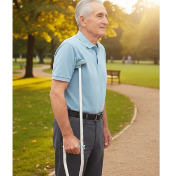 Pareja de muletas axilares de aluminio anodizado color plata con apoyos acolchados.