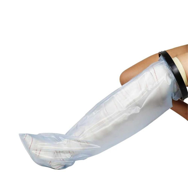 Funda protectora impermeable para escayola de pierna completa en adulto con aro de sellado hermético.