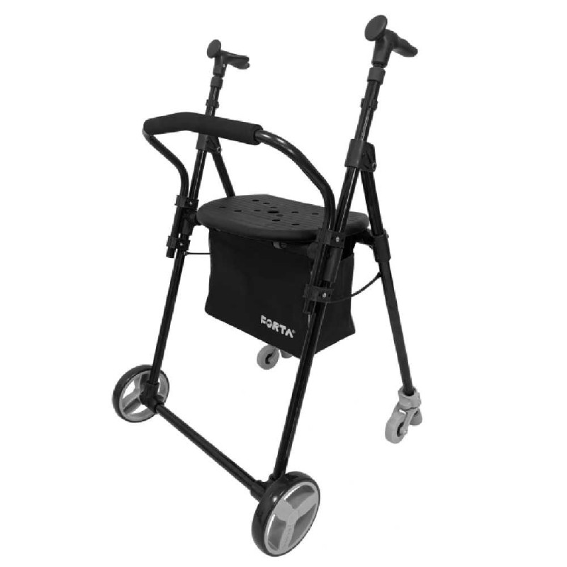 Andador Air-On Plus color negro con 4 ruedas, asiento, respaldo y cesta portaobjetos.