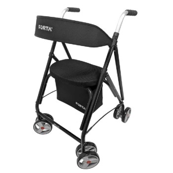 Andador para adultos Drakon 1 con ocho ruedas, asiento acolchado y cesta de tela.