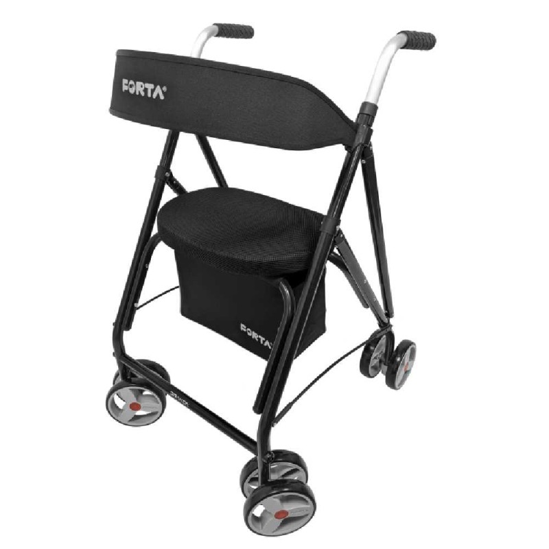 Andador para adultos Drakon 1 con ocho ruedas, asiento acolchado y cesta de tela.