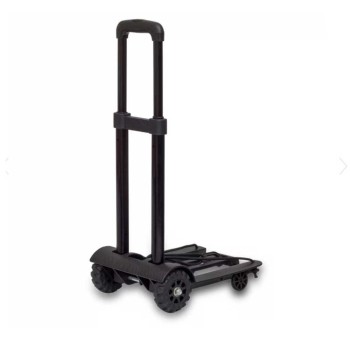 Estructura de trolley plegable CARRY de color negro con ruedas grandes y cuerda elástica de sujeción.