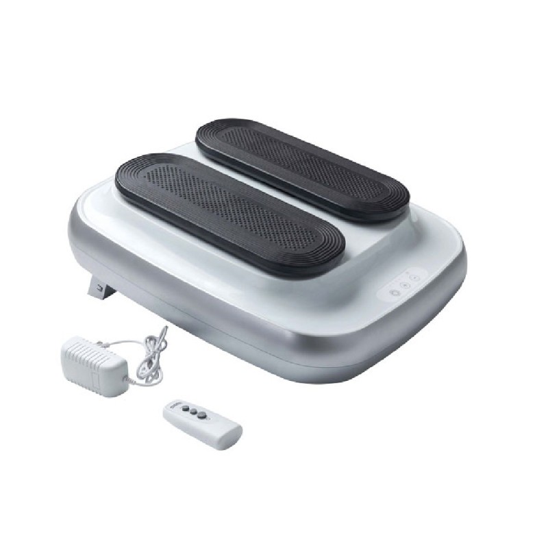 Simulador de marcha para piernas sentado con mando a distancia y patas ajustables.