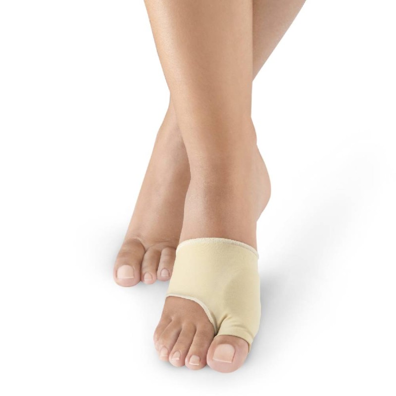 Protector de tejido elástico para el dedo gordo del pie con almohadilla interior de gel transparente sobre la zona del juanete.