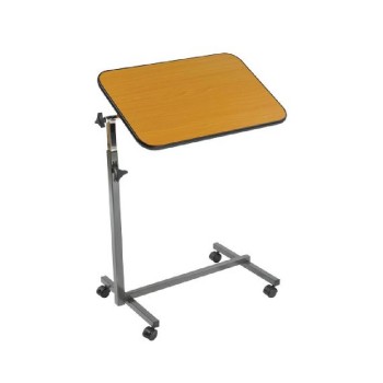 Mesa auxiliar de cama con tablero de melamina efecto peral, estructura gris y ruedas, en posición inclinada.