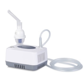 Nebulizador compresor a pistón compacto de color blanco con botón de encendido frontal