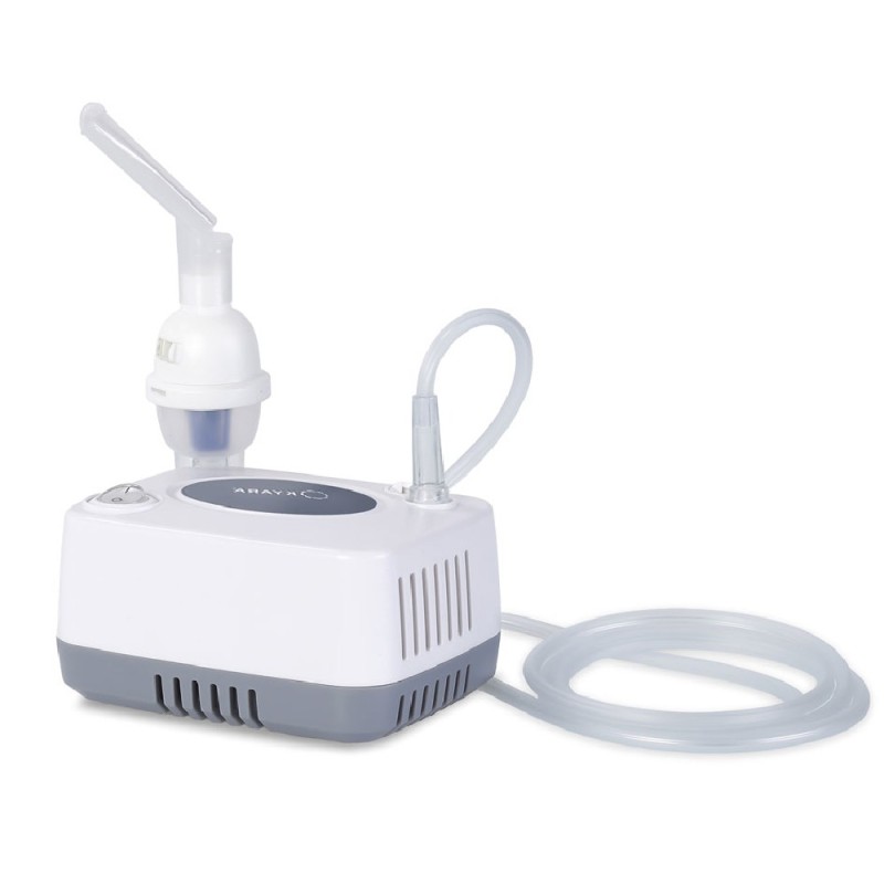 Nebulizador compresor a pistón compacto de color blanco con botón de encendido frontal