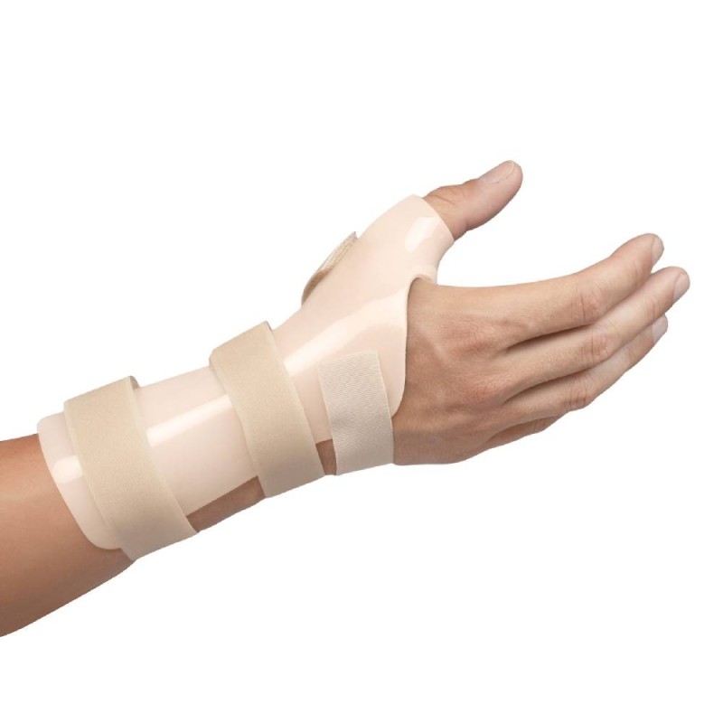Férula de inmovilización para pulgar y muñeca en termoplástico color beige, con forro de Plastazote y cierres de velcro técnico.