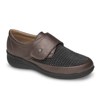 Zapato de invierno para mujer en color negro/marrón con frontal elástico adaptable, cierre de velcro ancho