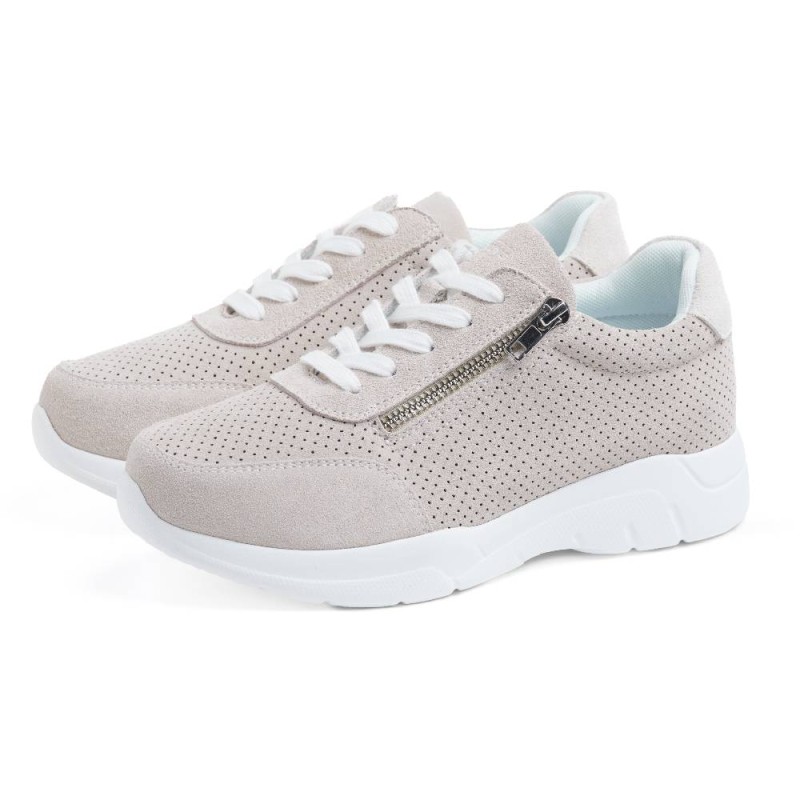 Zapato deportivo de mujer en color beige/azul con acabado discreto, picado lateral