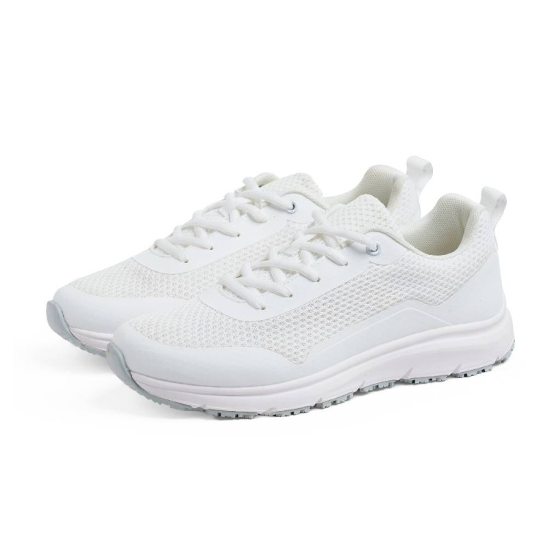 Calzado deportivo profesional unisex en color negro/blanco con tejido de rejilla ventilada y cierre de cordones.