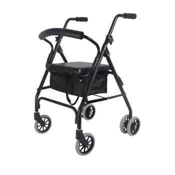 Andador de aluminio negro mate con seis ruedas, asiento acolchado, respaldo y bolsa de almacenamiento inferior