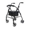 Andador de aluminio negro mate con seis ruedas, asiento acolchado, respaldo y bolsa de almacenamiento inferior