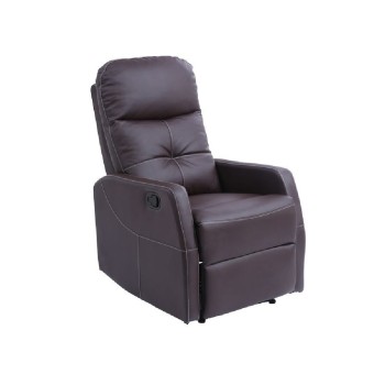 Sillón de relax Mercato tapizado en piel sintética color chocolate con costuras decorativas y sistema de reclinación manual.