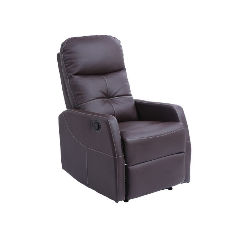 Sillón de relax Mercato tapizado en piel sintética color chocolate con costuras decorativas y sistema de reclinación manual.