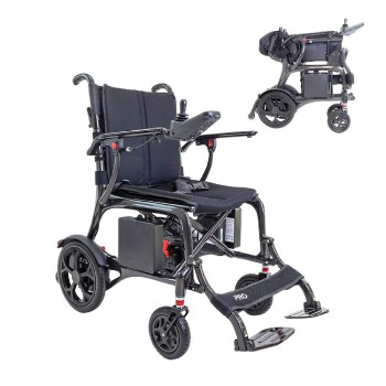 Silla de ruedas eléctrica Kmina con chasis de fibra de carbono, ruedas traseras neumáticas y joystick intuitivo