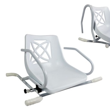 Asiento de baño giratorio Stromboli en color blanco, instalado sobre una bañera, con los reposabrazos abatibles.