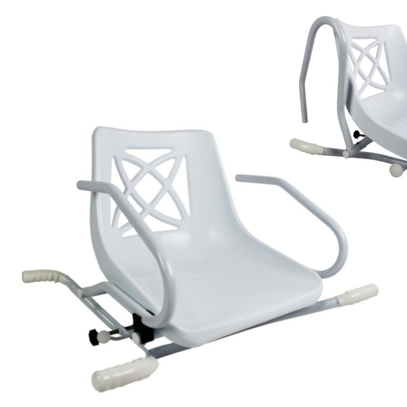 Asiento de baño giratorio Stromboli en color blanco, instalado sobre una bañera, con los reposabrazos abatibles.