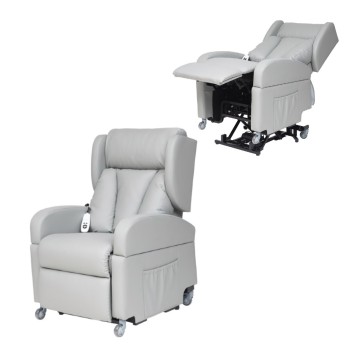 Sillón elevador institucional Proclassic en color gris con sistema de ruedas, reposabrazos desmontables