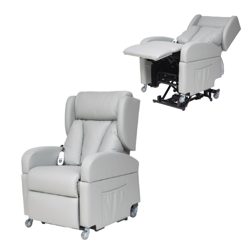 Sillón elevador institucional Proclassic en color gris con sistema de ruedas, reposabrazos desmontables