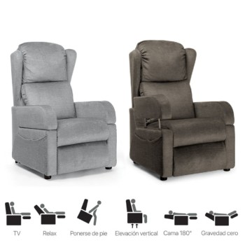 Sillón relax elevable Clyzia en posición cardiovascular con extensión de reposapiés y sistema de ruedas Roller System activado.