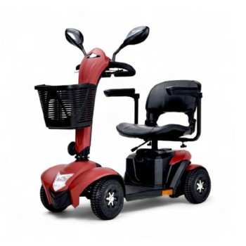 Scooter eléctrico de movilidad Libercar Magnus en color burdeos con cesta delantera, retrovisores, luces LED