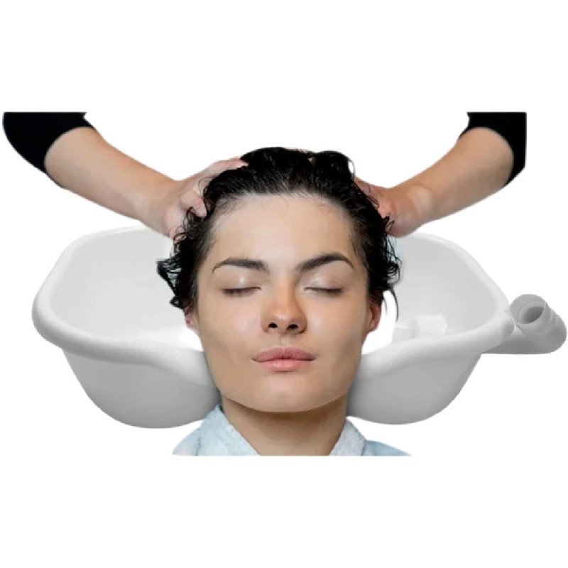 Lavacabezas portátil rígido de color blanco con diseño ergonómico para el cuello