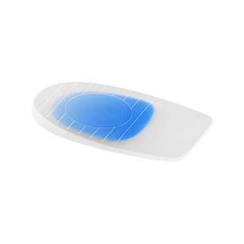 Par de taloneras transparentes de silicona viscoelástica con una zona circular azul central más blanda