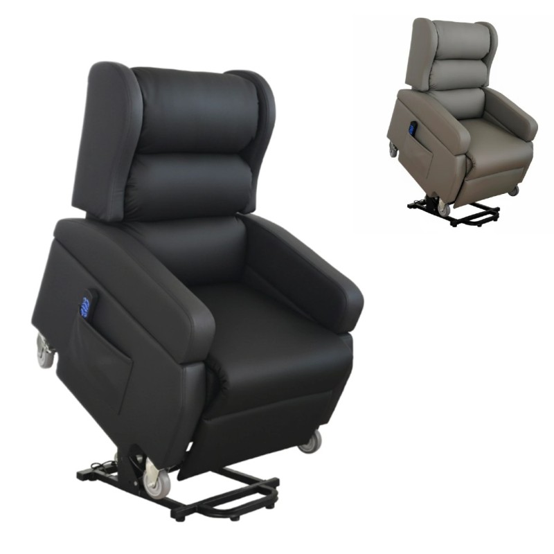 Sillón relax elevador eléctrico de tres módulos acolchados en tela de PVC negra, con reposabrazos extraíbles