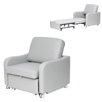 Sillón cama articulado de tapicería gris jaspeada de alta resistencia, con ruedas en la base y mecanismo desplegable