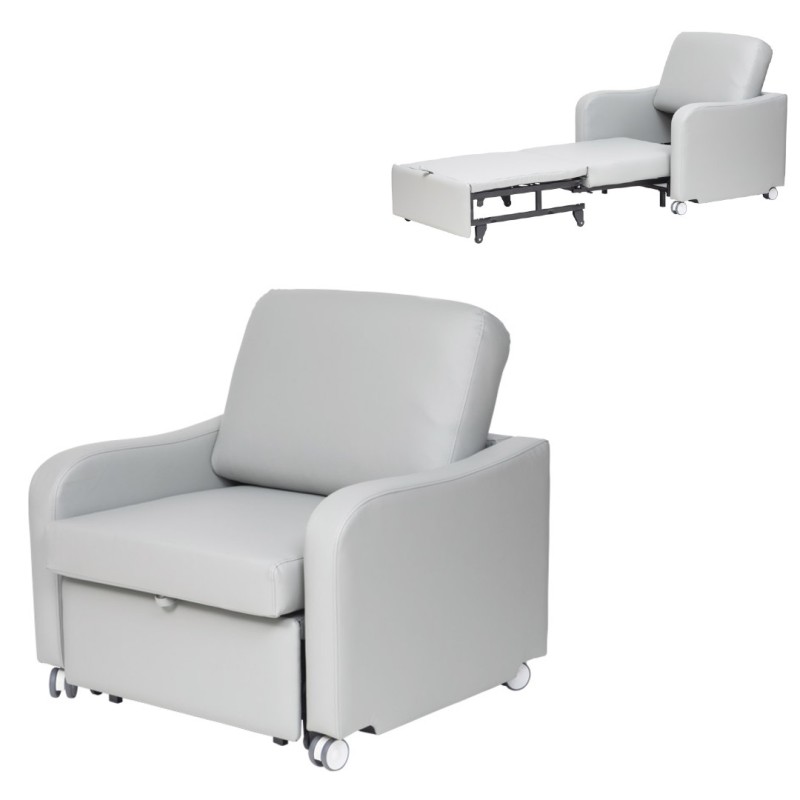 Sillón cama articulado de tapicería gris jaspeada de alta resistencia, con ruedas en la base y mecanismo desplegable