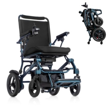 Silla de ruedas eléctrica iVolta en acabado azul grisáceo mate, con chasis compacto de aluminio