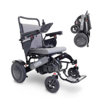 Silla de ruedas eléctrica KMINA plegable en color gris y negro, fabricada en aluminio