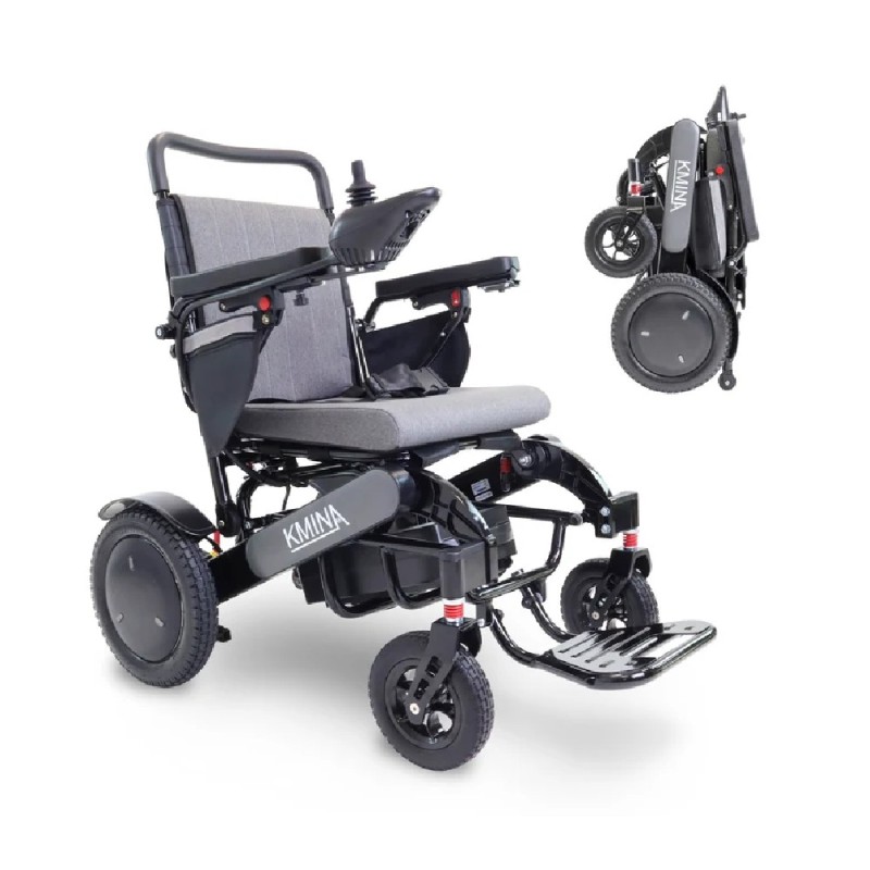 Silla de ruedas eléctrica KMINA plegable en color gris y negro, fabricada en aluminio