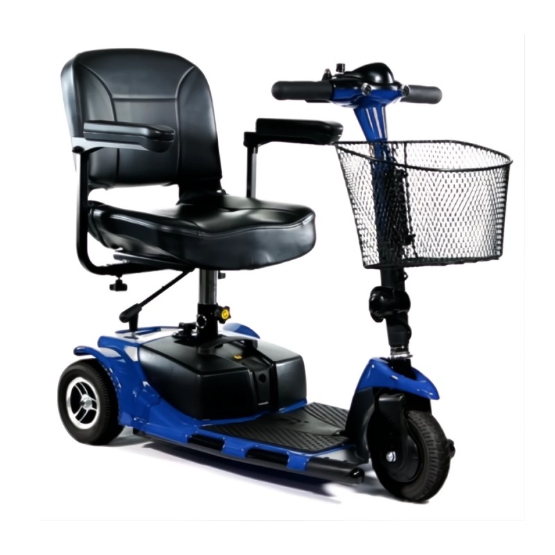 Scooter eléctrico compacto de 3 ruedas Libercar Litium 3R en color azul metalizado con cesta delantera