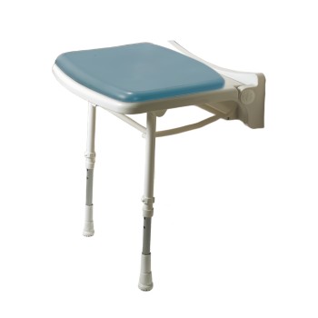 Asiento para ducha abatible a pared con cojín acolchado azul, patas regulables en altura